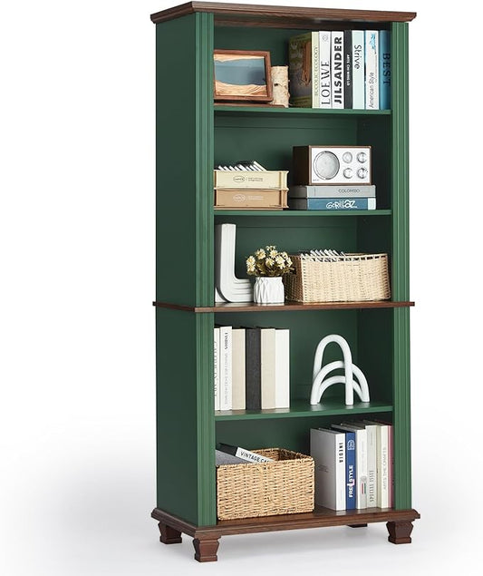 70" Tall Green Bookshelf,5 Tier Wooden Book Shelf with Adjustable Shelves &amp; Wood Legs,Free Standing Farmhouse Bookcase with Open Display Storage,Vintage Bookshelfs for Library,Classroom