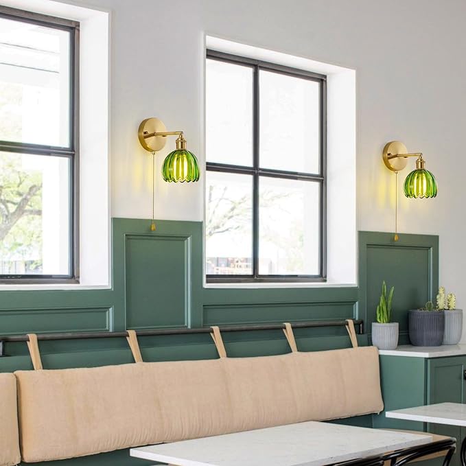 Vintage Wall Sconce 2 Pack, Green Glass Shade Gold Wall Lamp with 12 Inch Cable Switch, Modern Bathroom Wall Sconces Set of Two for Bedroom Corner Hallway