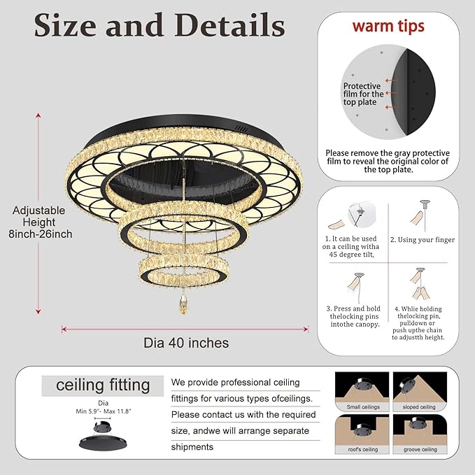 Flashing God Dia 40" Modern Chandelier for Living Room Crystal Bedroom Chandelier Light Fixtures LED Flush Mount Ceiling Light for Dining Room Foyer Hallway Dimmable 2700k 4500k 6000k