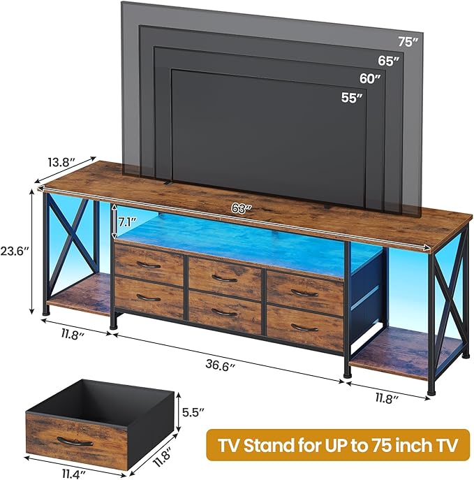 BTHFST TV Stand with LED Lights & Power Outlets, for TVs up to 80 Inches, 6 Drawers Entertainment Center with Open Storage Shelves, 63" TV Media Console Table for Living Room, Bedroom, Rustic Brown