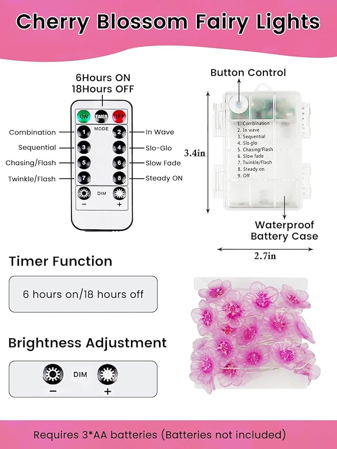 Cherry Blossom Flower String Lights for Bedroom, Pink Fairy Lights Battery Operated with Remote &amp; 8 Modes &amp; Timer, 10ft 30 LED Waterproof String Light Indoor Outdoor for Wedding Home Christmas Decor