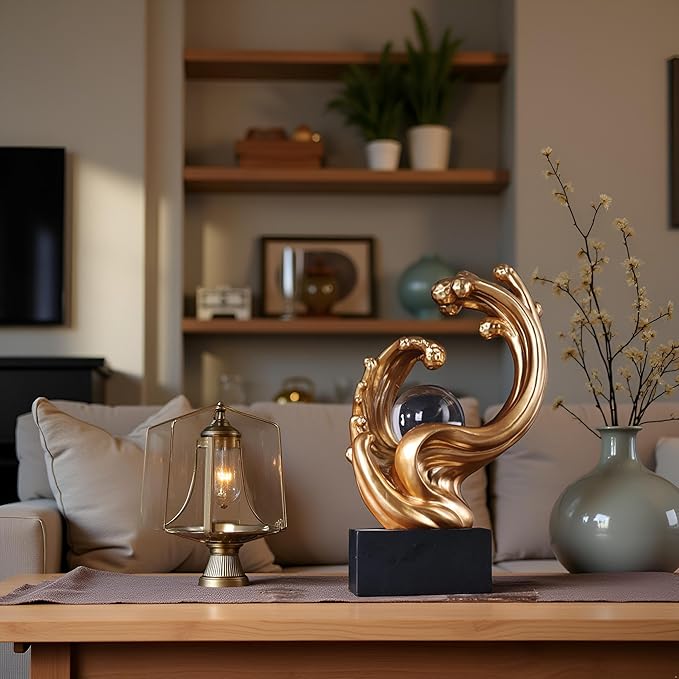 Modern Abstract Decorative Wave Statue, Gold Abstract Art Home Decor,Crystal Ball Art Wave Resin Sculpture, Office Desk Stand, Dining Table Center Decorative Aesthetics (Gold)