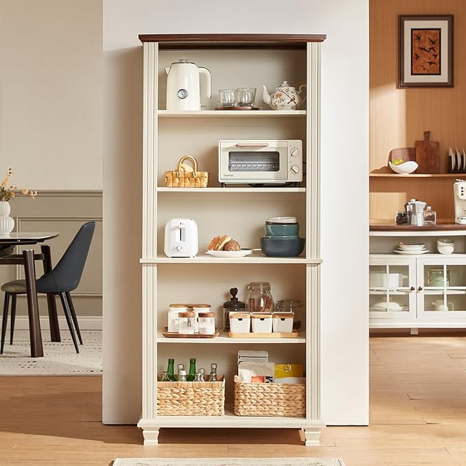 70" Tall White Bookshelf,5 Tier Wood Book Shelf with Adjustable Shelves & Wood Legs,Free Standing Farmhouse Bookcase with Open Display Storage,Vintage Kids Bookshelves for Nursery,2PCS