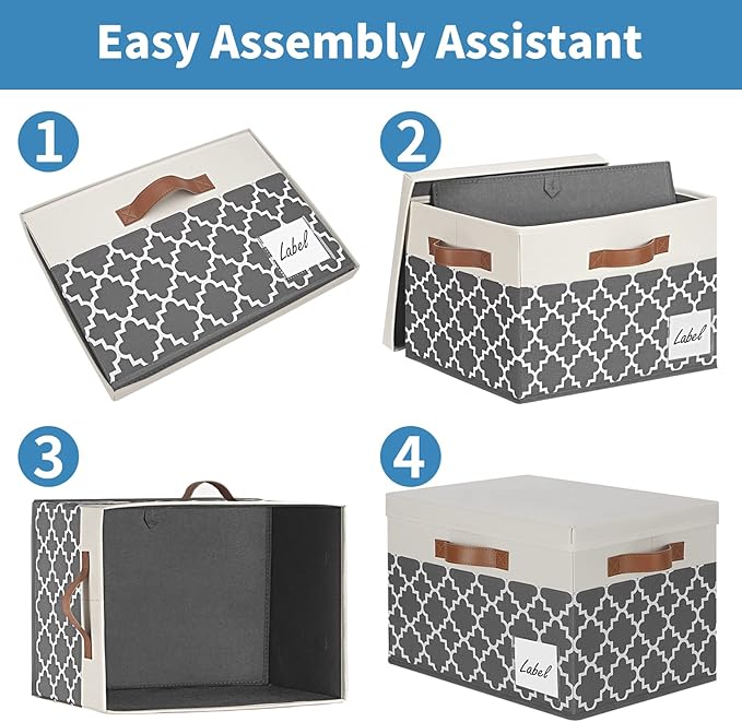 GhvyenntteS Large Fabric Storage Bins with Lids (6 Pack), Foldable Decorative Storage Boxes with Lids and 3 Handles, Sturdy Storage Baskets with Label Window for Home Office (White&amp;Lattice Gray)