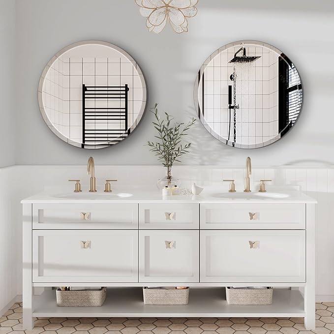 28" Frameless Beveled Round Mirror with 1" Edge for Bathroom, Entryways, Vanity, Wall Decor