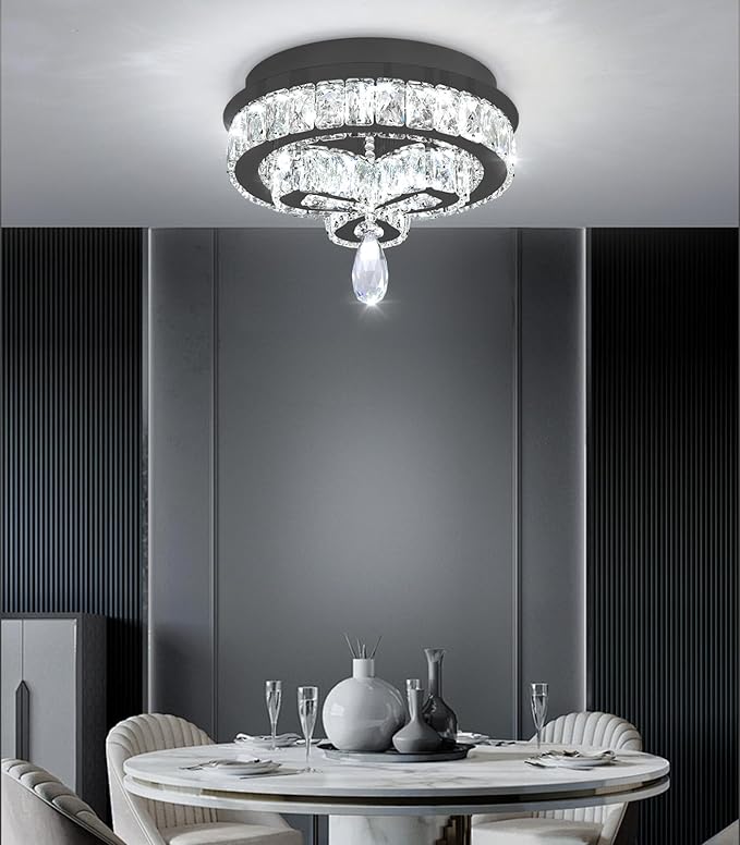 12'' Modern Crystal Chandelier LED Dimmable Flush Mount Ceiling Light Pendant Light for Hallway Living Room Bedroom Dining Room Foyer Black