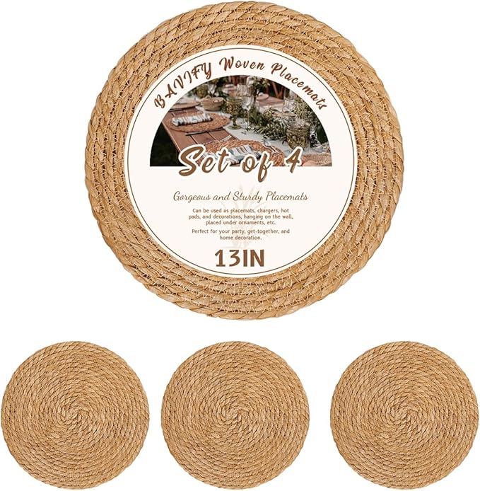 13 in Round Woven Placemats Set of 4 Chargers for Dinner Plates Farmhouse Rustic Boho Table Mats for Dining Table Decor Wicker Straw Braided Place Mats