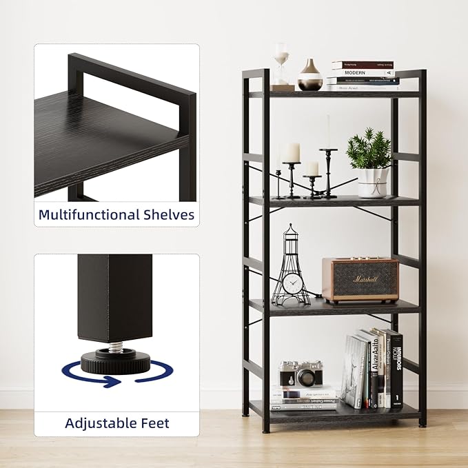 NUMENN 4 Tier Small Bookshelf, Industrial Bookcase Shelf Storage Organizer, Modern Book Shelf for Bedroom, Living Room and Home Office, Black
