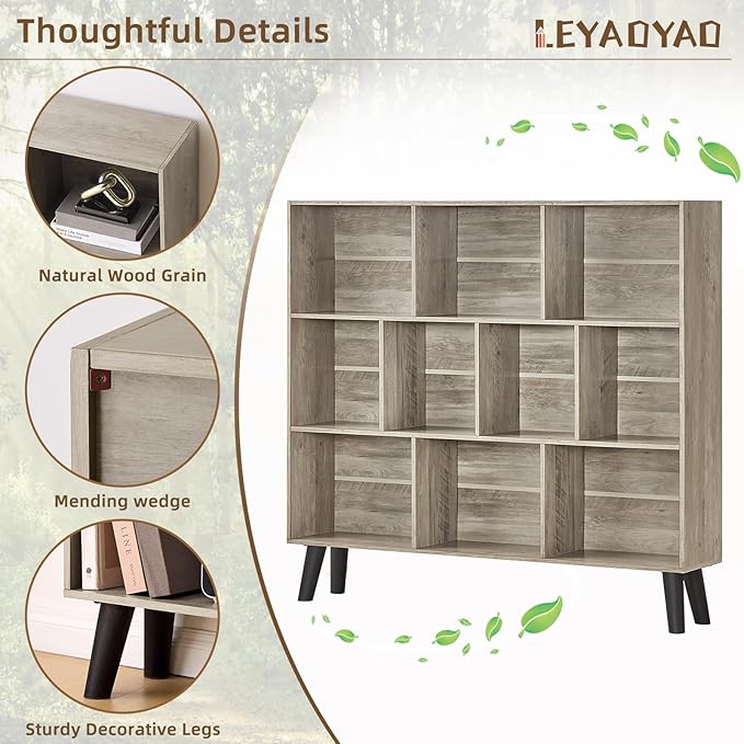 LEYAOYAO 10 Cube Bookshelf,3 Tier Modern Wide Bookcase with Legs,Mid-Century Wood Bookshelfs Storage，Retro Gray Large Book Case,Freestanding Organizer Display Shelf for Bedroom,Living Room,Office