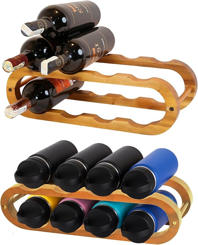 16" Acacia Wood Wine Rack, Elegant 8-Bottle Wooden Countertop Display, Modern Compact Storage Stand for Kitchen, Bar, or Dining Room Decor, Durable & Convenient