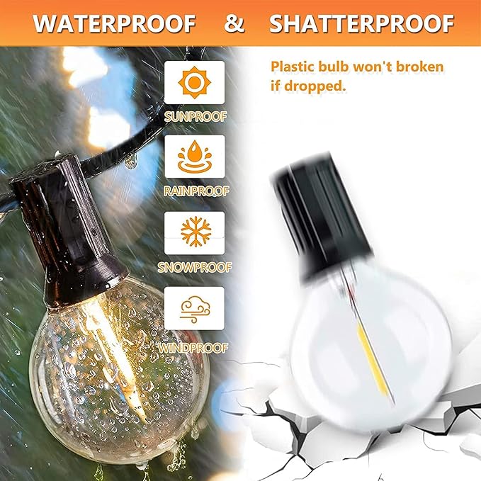 50FT LED Outdoor String Lights with 27 G40 Bulbs (2 Spare) Connectable Yard Hanging Lights for Party Tents Patio Gazebo Porch Deck Bistro Backyard Balcony Pergola Outside Decor