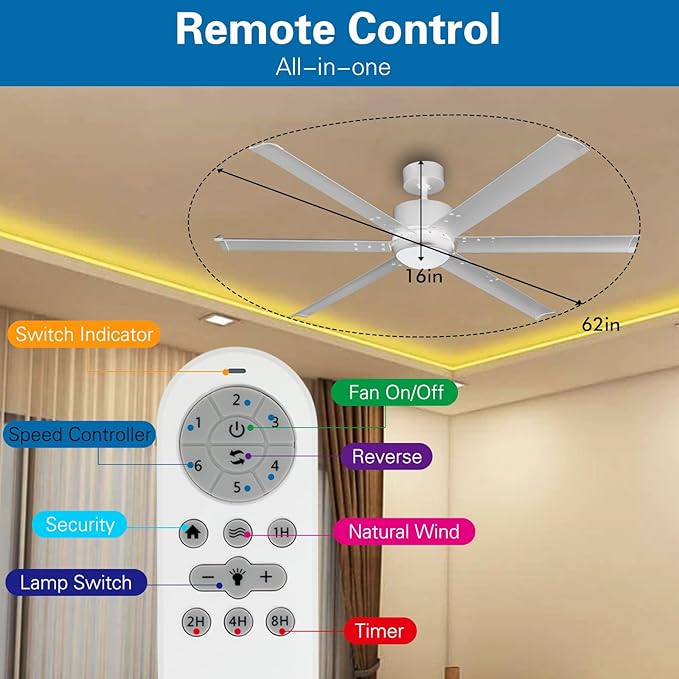 62" Ceiling Fans with Light and Remote, Energy Saving Super Quiet 6-Speed ​​Ceiling Fan with 3CCT Dimmable Light for Indoor and Outdoor, 6 Aluminum Blades, Reversible, Silver
