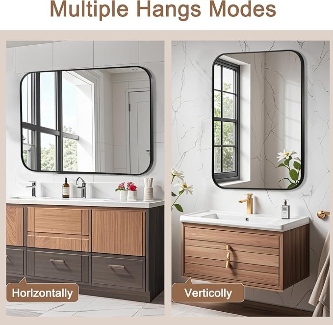 Matte Black Mirror, 16"x24" Rectangle Bathroom Mirror, Metal Frame Rectangle Corner Vanity Mirror, Wall Mounted Mirror for Modern, Living Room, Bedroom, Horizontal Or Vertical