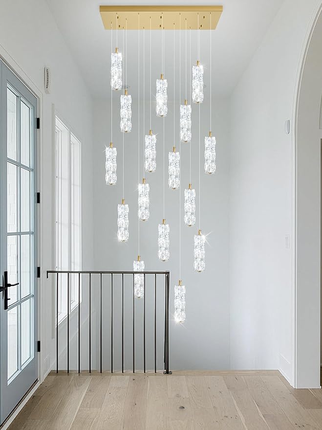 16-Lights Modern Crystal Chandelier Rectangular Dining Room Chandeliers LED Pendant Lighting Fixture for Kitchen Island High Ceiling Chandelier for Staircase Foyer Entryway