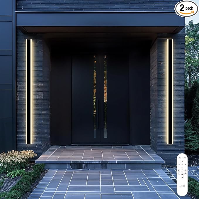 𝗠𝗢𝗗 𝗟𝗜𝗚𝗛𝗧𝗜𝗡𝗚 Haylen | Waterproof Outdoor Wall Light, LED Dimmable with Remote 3000K-6000K, Long Outdoor Porch Lights, Wired Lighting Fixture, Patio Exterior Wall Sconce, 2-Pack (Black, 79")