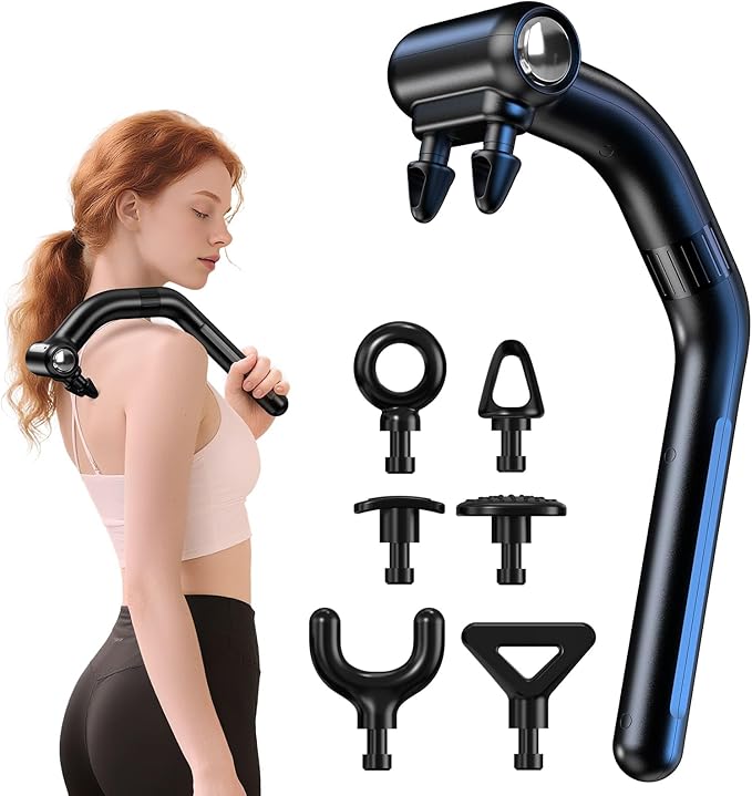 Dual-Head Massage Gun with Extension Handle, 3-in-1 Detachable Handheld Percussion Muscle Massager for Back Neck Shoulder Body Deep Tissue Pain Relief - 6 Speeds Levels (Black)