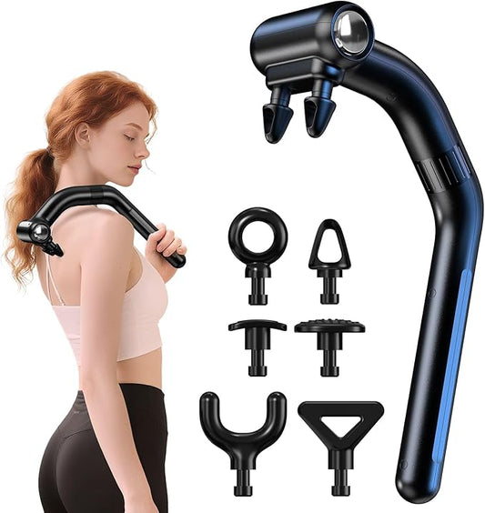 Dual-Head Massage Gun with Extension Handle, 3-in-1 Detachable Handheld Percussion Muscle Massager for Back Neck Shoulder Body Deep Tissue Pain Relief - 6 Speeds Levels (Black)