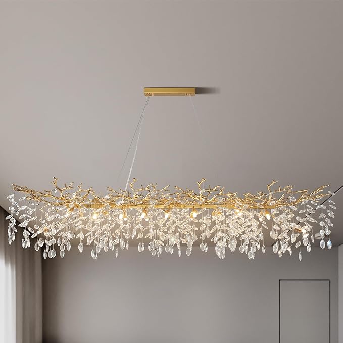 YUYI Modern Crystal Chandelier, 71" Gold Tree Branch Chandelier, 20-Lights Rectangular Raindrop Chandeliers for Dining Room Kitchen Island Living Room Foyer, Luxury K9 Crystals Pendant Light Fixtures