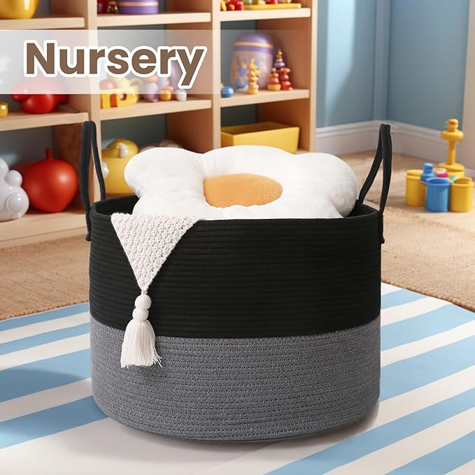 Woven Blanket Basket,65L Large Rope Storage Bin with Handles, Organizer for Blankets Toys Book and Clothes, Laundry Basket for Living Room Bedroom Nursery,Black&amp;Grey