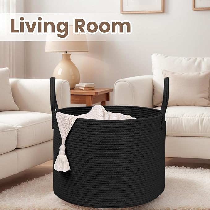 Woven Blanket Basket,65L Large Rope Storage Bin with Handles, Organizer for Blankets Toys Book and Clothes, Laundry Basket for Living Room Bedroom Nursery,Black