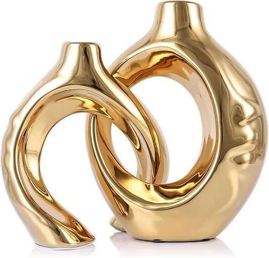 LCCCK Gold Ceramic Vases for Home Decor, Boho Vase for Flowers Pampas Grass Decorative, Hollow Donut Small Vase for Living Room Table Wedding Centerpiece Modern Vases (Gold)