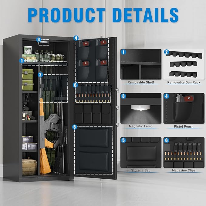 15-20 Gun Safe, Large Fingerprint Gun Safe for Rifles and Pistols, Unassembled Gun Cabinet with Adjustable Shelf & Gun Rack, Gun Safes for Home and Shotgun, Gun Cabinet with Mute Function & Dual Alarm