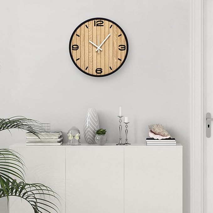 12 Inch Wooden Round Wall Clock Battery Operated, Silent Non-Ticking Analog Clocks with Seconds Hand Modern Art Decorative for Office, Home, Living Room, Kitchen, Bedroom, Entryway