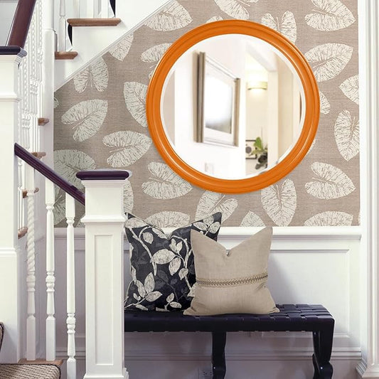 Howard Elliott George Round Glossy Orange Wall Mirror, Bevelled Vintage Hanging Wood Framed Vanity Mirrors for Home Decor, Living Room, Bathroom, Bedroom, or Hallway, 36 Inch Round