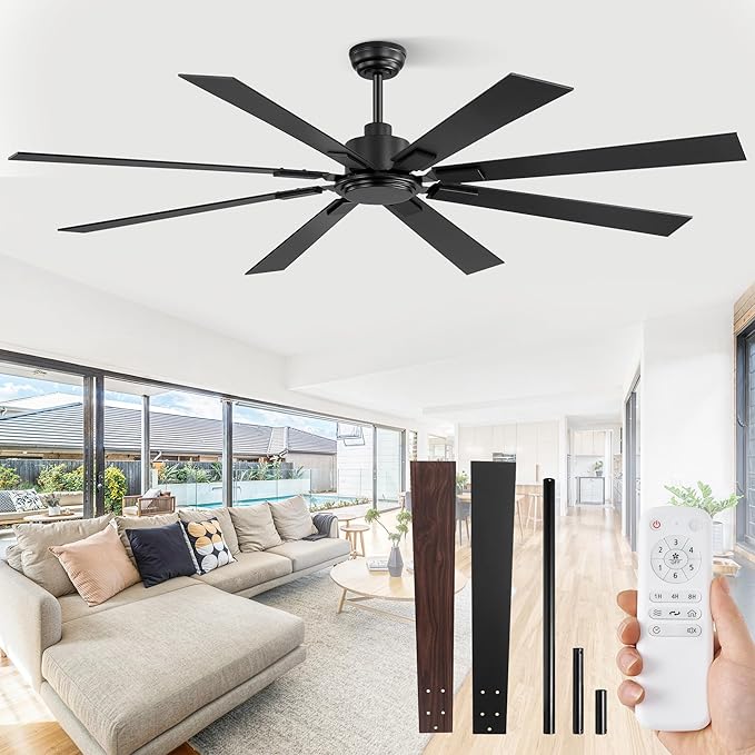 ZMISHIBO 72 Inch Ceiling Fan No Light with Remote Control, 8 Blades Quiet DC Reversible Motor, 6-Speed, Timer, Black Finish, Indoor Outdoor Ceiling Fans for Patios, Living Room, Garage