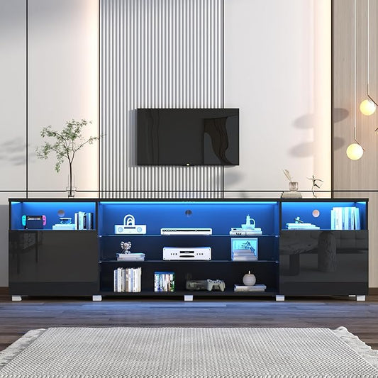 St.Mandyu LED TV Stand for 90/100 inch TV, Modern Television Table Center Media Console with Drawer and Led Lights, High Glossy Entertainment Center for Living Game Room Bedroom(Black)