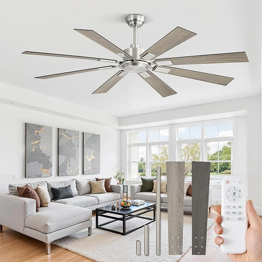 ZMISHIBO 62 Inch Ceiling Fan No Light with Remote Control, 8 Blades Quiet DC Reversible Motor, 6-Speed, Timer, Brushed Nickel Finish, Indoor Outdoor Ceiling Fans for Patios, Living Room, Garage