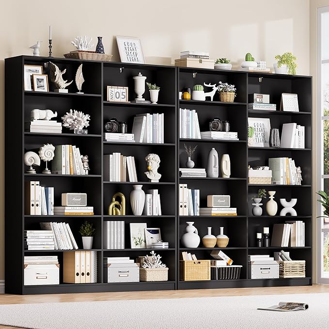 Black Bookcase, Bookshelf with 12 Open Shelves, Freestanding Display Storage Shelves, Book Case Home Library Bookcase for Living Room Bedroom Office 2PC
