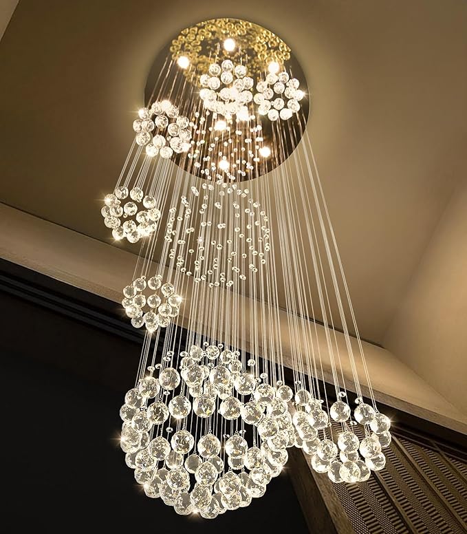 118'' Modern Large Chandelier for Foyer Raindrop Crystal Chandeliers LED Dimmable High Ceiling Flush Mount Light Fixtures for Staircaes Hallway Entryway Gold