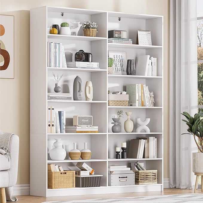 6 Tier Large Bookshelf, 70.8 Inch Tall Bookshelf and Bookcases for Living Room, Study Room, Home Office Library，White Bookcase with 12 Open Shelves.