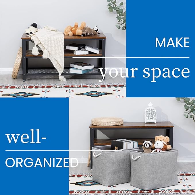 Bidtakay Collapsible Storage Bins for Clothes Large Gray Storage Baskets with Cotton Handles 17x12x15 In Set of 2 Fabric Cubby Storage Bins Livingroom Home Decorative Storage Organizer for Blankets