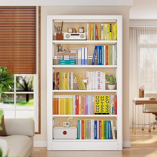 Bookshelf, 5-Tier Metal Sturdy Bookcase,71" H Tall White Bookcase with Adjustable Shelves, Heavy Duty Storage Bookshelfs and Bookcases for Living Room, Library, School, Study, Home Office