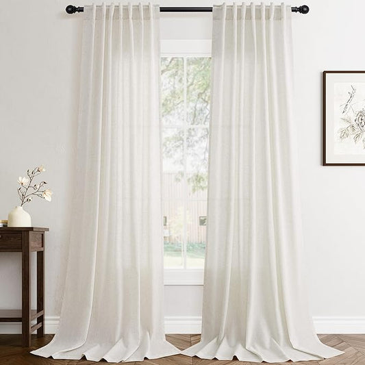 96 inch Long Linen Curtains 2 Panels Set for Living Room Back Tab Ivory Cream Semi Sheer Curtain 96 inches Long Boho Modern Light Filtering Linen Drapes Floor to Ceiling Length 8 FT