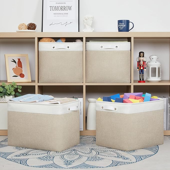 Bidtakay Storage Baskets for Shelves [4-Pack] Storage Bins for Organization Fabric Beige Baskets for Closet Hallway Cabniet Room Organizer Bins for Clothes Blankets Home