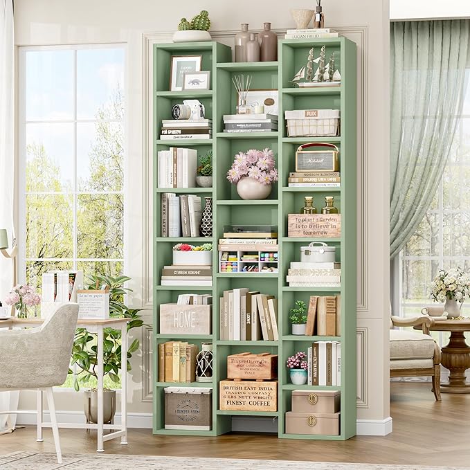FOTOSOK 71'' Tall Bookshelf, Triple Wide Bookshelf with Adjustable Shelves, 8 Tier Media CD DVD Storage Tower Rack, Diaplay Cabinet Shelf, Cube Storage Organizer Shelf for Home Office, Green