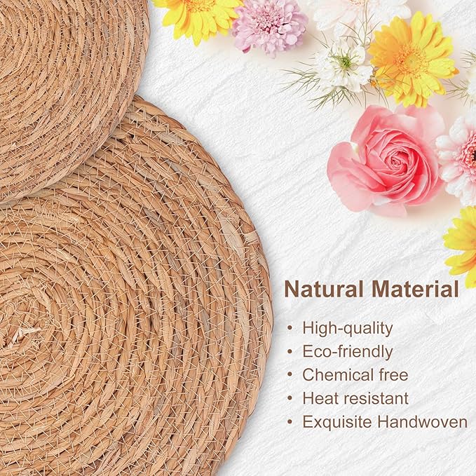 10 Pack 13 in Round Woven Placemats Plate Chargers,Rattan Wicker Table Mats Jute Braided Chargers for Dinner Plates，Boho Farmhouse Rustic Woven Place Mats for Dining Table Decor