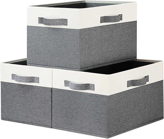 GhvyenntteS Large Fabric Storage Bins with 3 Handles, 15x11x9.6 Inch Storage Baskets for Shelves, Foldable Closet Storage Bins for Shelves, Closet Organizers and Storage Boxes 3 Pack