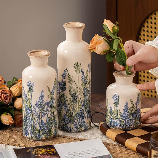 Ceramic Vase Set of 3, Vintage Blue Floral Beige Vases, Rustic Chinoiserie Decorative Vases for Wedding Decor, Wedding Gifts, Farmhouse Floral Vase for Home Decor, Living Room, Kitchen, Shelf Decor
