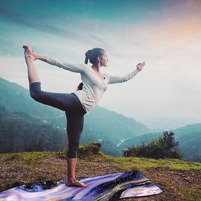 QIYI Large Yoga Mat Towel with Corner Pockets, Non Slip Sweat Absorbent Hot Yoga Towels, Soft Yoga Blankets with Travel Bag, Skidless Mat Cover for Workout, Gym, Fitness - 74"x26", Purple & Pink Grain