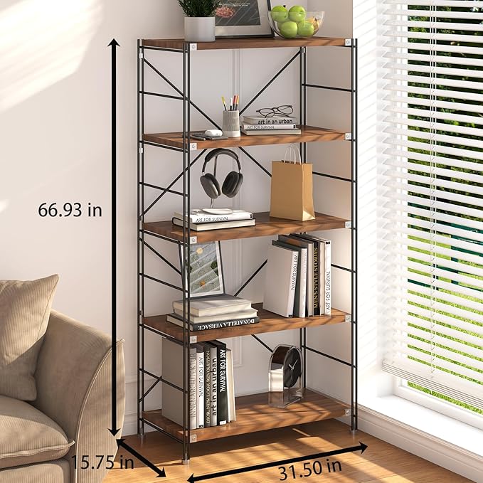 68.9 in Heavy Duty 5 Tier Bookcase, Freestanding Tall Bookshelfs, Industrial Metal Book Shelves, Brown Wood Metal Book Case for Bedroom, Living Room,Office