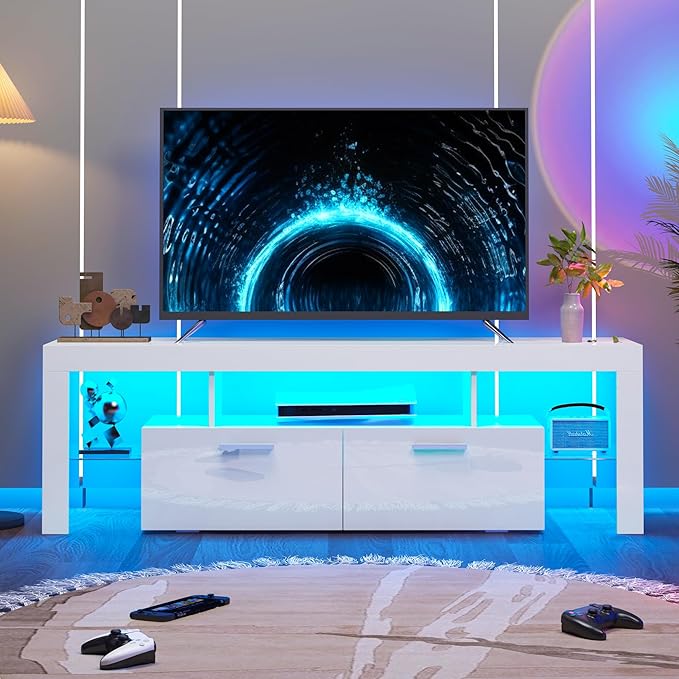 63 inch Modern High Gloss LED TV Stand with Storage for 40 50 55 60 65 70 inch TV, Gaming Entertainment Center, TV Cabinet with Glass Shelves for Living Room, Bedroom, White