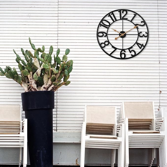 Extra Large 18 Inch Outdoor Wall Clock, Black Metal Modern Minimalist Battery Operated Silent Clock for Patio, Pool, Garden, Living Room, Kitchen, Office, Bedroom Decor with Easy to Read Numbers