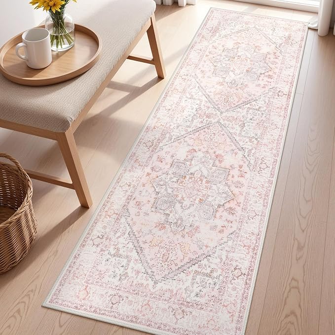 LIVEBOX Washable Runner 2x6 - Oriental Floral Kitchen Rug, Long Entryway, Low-Pile Vintage for Bedroom, Non-Skid Soft Carpet Throw for Bathroom Laundry Room Hallway Pink