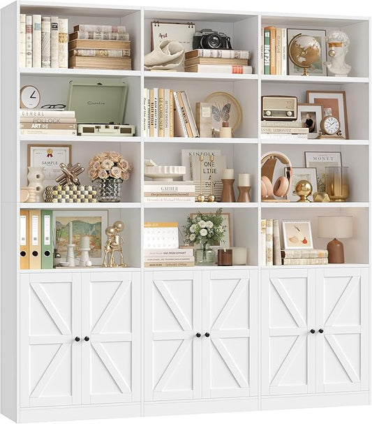 75" Triple Wide Bookshelf, White Bookshelf and Bookcase with 6 Farmhouse Doors, 71" Wide 6 Tier Book Shelf with 18 Storage Shelves, Large Wooden Bookshelf, Tall Bookcase for Office, White