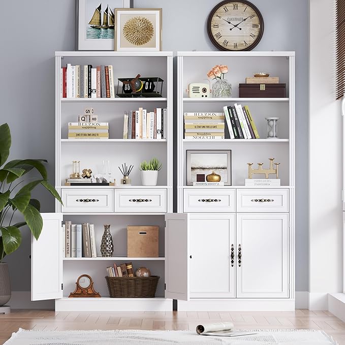 71.4" Tall Bookshelf with Drawers &amp; Cabinet, 5-Tier Floor Standing Bookcase with Storage Doors, Adjustable Shelves &amp; Metal Handles, 31.5" Wide Organizer for Home Office, Living Room