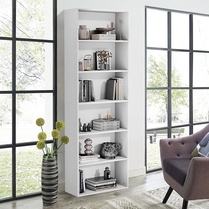 71" Tall Bookcase, 6-Tier Open Display Storage Shelves, Floor Standing Large Book Shelf for Living Room, Home Office, Bed Room, White